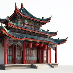 Fototapeta premium 3D Render of a Chinese temple with a large courtyard for gatherings, on isolated white background