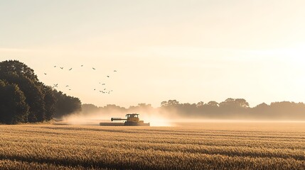 Fototapeta premium A tranquil wheat field being harvested under a clear, sunny sky 