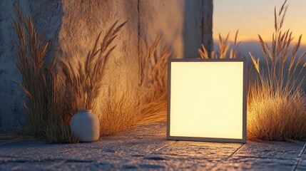 Glowing Square Light with Grass and Vase at Sunset in Minimalist Setting