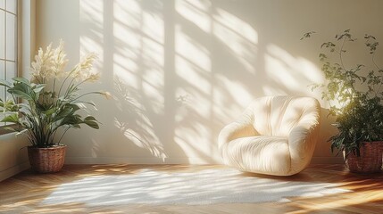 Sunlight Streaming Through Window,  Illuminating a Cozy Room with a Comfy Chair and Plants