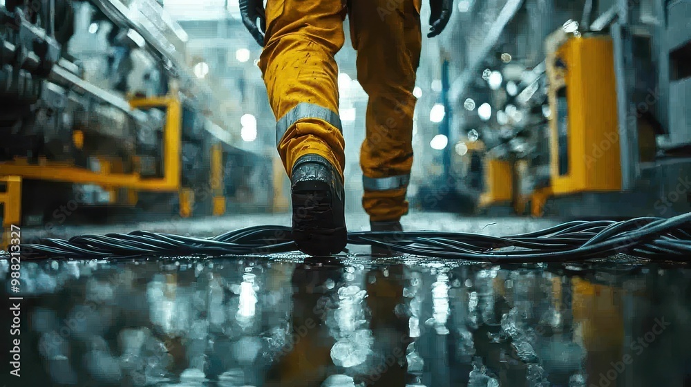 Wall mural worker walking over scattered cables on wet factory floor creating unsafe conditions and tripping ha