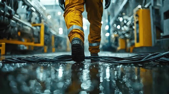 Worker walking over scattered cables on wet factory floor creating unsafe conditions and tripping hazard