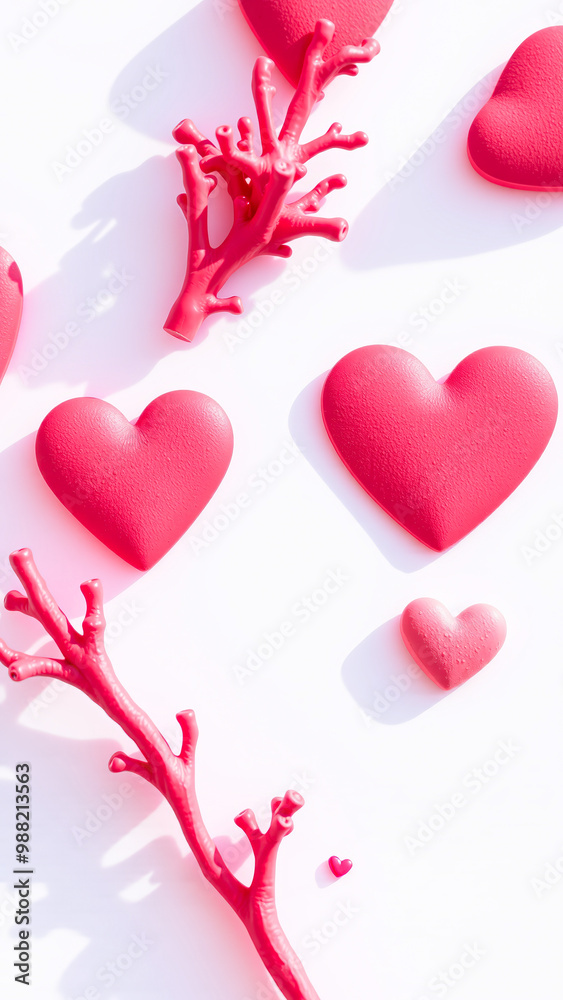 Sticker Pink Hearts and Coral Branches on White Background