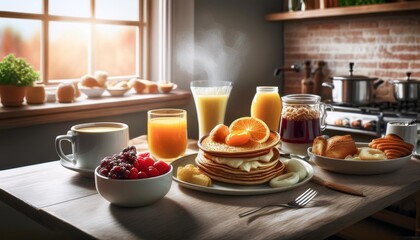atmosphere of a western-style breakfast table filled with various types of food