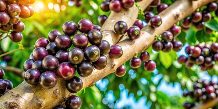 Jaboticaba tree with ripe fruits hanging, jaboticaba, tree, fruit, ripe, hanging, tropical, exotic, Brazilian, branches, harvest
