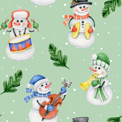 Christmas wrapping paper design.Snowmen with musical instruments.Orchestra.Music festival.Merry Christmas and Happy New Year.Winter holidays.Seamless pattern with snowmen.Christmas fabric design