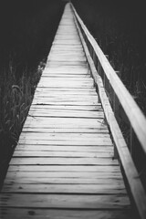 Old wooden boardwalk with a railing on the side and watchtower in the Sic reed reservation, Cluj ,...