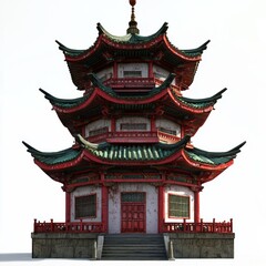 Fototapeta premium 3D Render of a Chinese temple with a large pagoda structure, on isolated white background