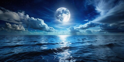 Mysterious moonlit ocean at night, dark, deep, water, waves, moon, crescent, reflection, serene, tranquil, night sky, stars