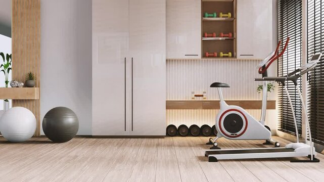 Modern gym interior with sport and fitness equipment on white wall background- 3D rendering