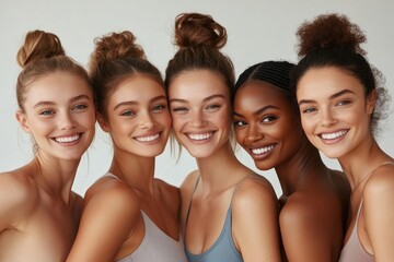 Obraz premium A group of diverse friends from different ethnic backgrounds, smiling and standing close together, showcases the beauty of unity and friendship across cultures on white background.