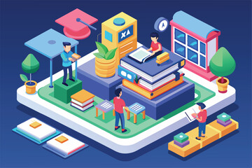 Obraz premium A vibrant study space featuring a customizable course app with learners engaging, surrounded by books, plants, and educational tools.