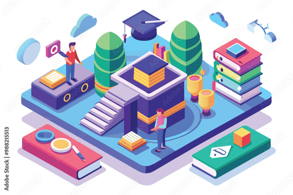 Poster students interact with a customizable learning platform surrounded by books and trees, showcasing va