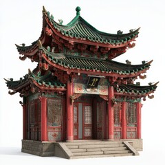 Fototapeta premium 3D Render of a Chinese temple with a series of prayer halls, on isolated white background