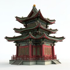 Fototapeta premium 3D Render of a Chinese temple with a series of prayer halls, on isolated white background