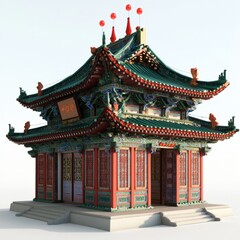 3D Render of a Chinese temple with a series of prayer halls, on isolated white background