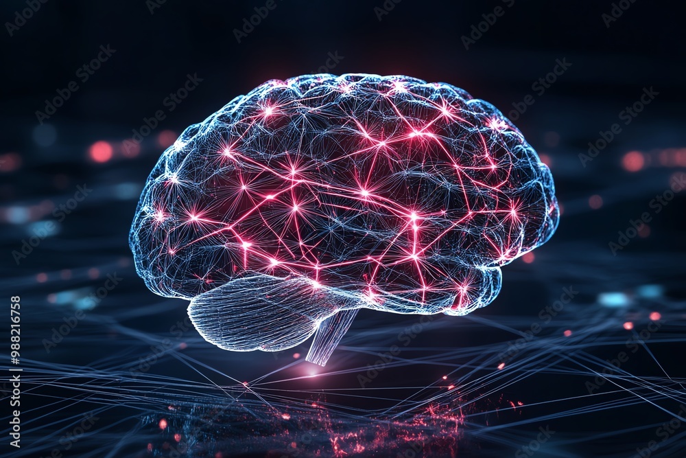 Aufkleber Abstract brain with neural connections, represented by flowing lines and energy pulses in a dynamic illustration