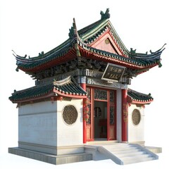 Obraz premium 3D Render of a Chinese temple with a tiled roof and ornamental ridge decorations, on isolated white background