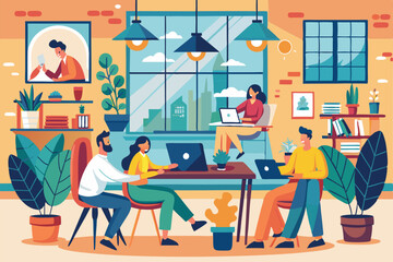 Fototapeta premium A vibrant coworking space showcases professionals collaborating, using laptops, and engaging with technology in a modern, inviting environment.