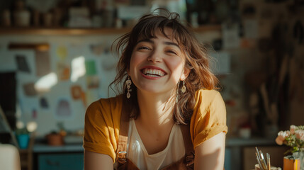 A woman with brown hair is smiling brightly