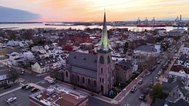Aerial View of Old Church in the  Delaware Riverfront Town Gloucester New Jersey
