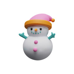 A cute character 3d snowman with a smiling face, wearing a hat and scarf.