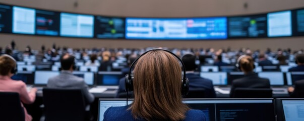 Obraz premium A busy control room filled with professionals monitoring screens and data, showcasing teamwork and technology in action.