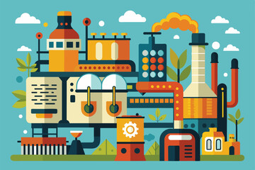 A vibrant craft beer manufacturing facility features unique equipment and processes, showcasing the art of brewing in a bright, open environment.