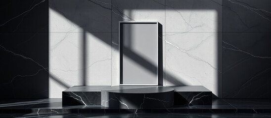 Black marble pedestal with a frame on white marble wall