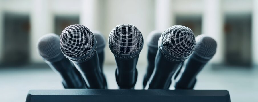 A collection of microphones positioned for a conference or press event, showcasing modern audio equipment for public speaking.