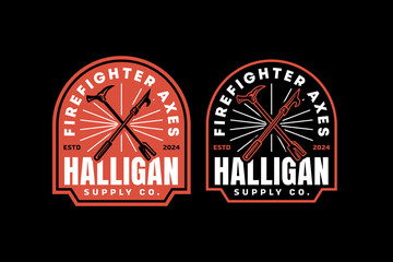 fireman halligan bar, claw axe retro badge logo design for fireman, survivor, rescuer and journey. crowbar, claw ax, handspike emblem logo collection for wanderlust and firefighter