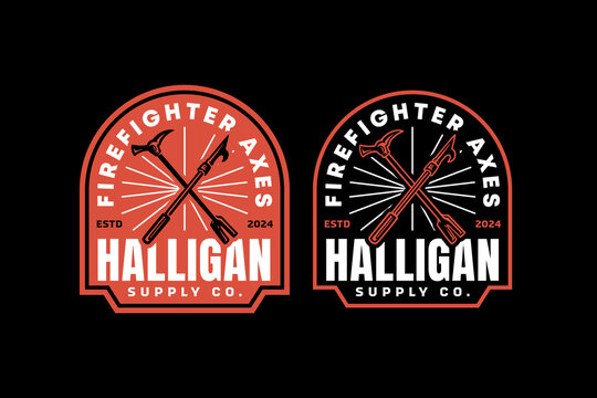 fireman halligan bar, claw axe retro badge logo design for fireman, survivor, rescuer and journey. crowbar, claw ax, handspike emblem logo collection for wanderlust and firefighter
