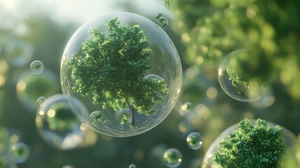 A conceptual illustration of CO2 molecules turning into tree leaves, visualizing the balance between carbon emissions and natural absorption.