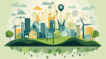 Fototapeta premium A corporate report page with visuals of renewable energy projects, highlighting environmental sustainability and social responsibility initiatives.