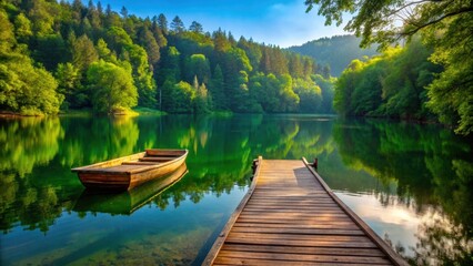Obraz premium Wooden boat dock surrounded by lush green forest and tranquil lake , nature, serenity, peaceful, dock, wooden, boat, lake, forest