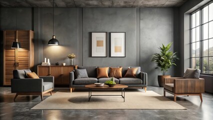 Dark living room interior with couch, chairs, dresser with artwork, rug, coffee table on concrete floor