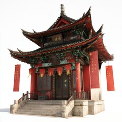 Obraz premium 3D Render of a Chinese temple with prayer flags and banners, on isolated white background