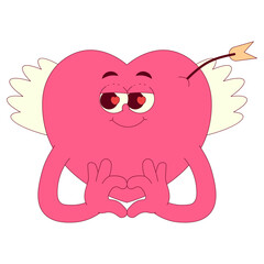 Heart character sticker in trendy retro groovy style. Lovely and psychedelic valentines day mascot with face, hands, cupids arrow and wings. Love vector element on transparent background
