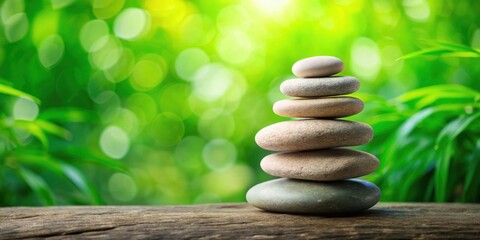 Zen stones stacked on lush green background with space for text , Zen, stones, green, background, copy space, relaxation