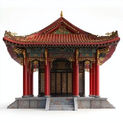 Fototapeta premium 3D Render of a Chinese temple with red pillars and golden decorations, on isolated white background