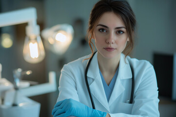 This is a photo of a woman in a white coat and blue gloves, likely a doctor in a dental office