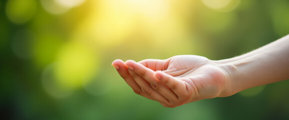Open Hand Against Bokeh Green Background
