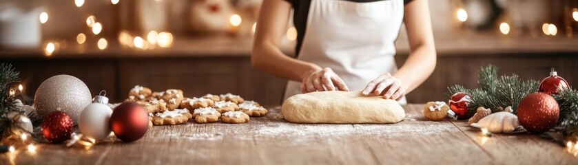 A person preparing festive dough for cookies in a cozy kitchen surrounded by holiday decorations and lights.