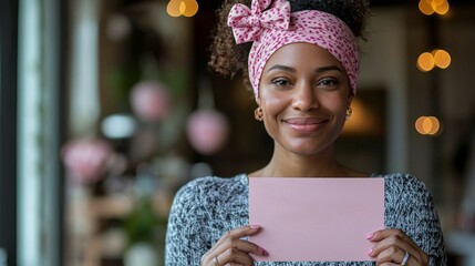 A breast cancer survivor holding a "Thank You" card for supporters