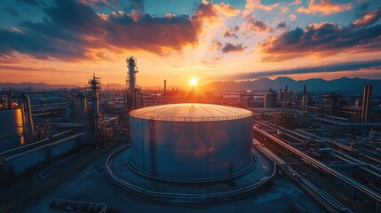 A colossal stainless steel tank gleaming under the soft hues of a setting sun in an industrial refinery, casting dramatic long shadows across the ground