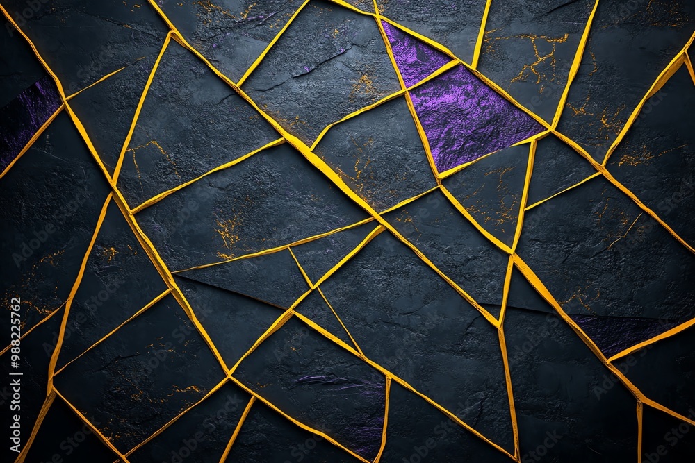 Poster abstract mustard yellow and purple lines, creating a bold and modern contrast on a dark background