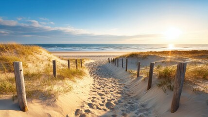 A serene beach pathway leading to the ocean at sunset, framed by soft sand and lush grass, inviting tranquility and relaxation.
