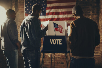 Three men are voting at a polling station with an American flag behind them