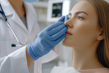 A doctor in blue gloves is examining a woman's nose