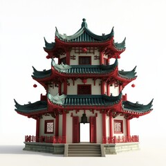 3D Render of a Chinese temple with traditional drum and bell towers, on isolated white background